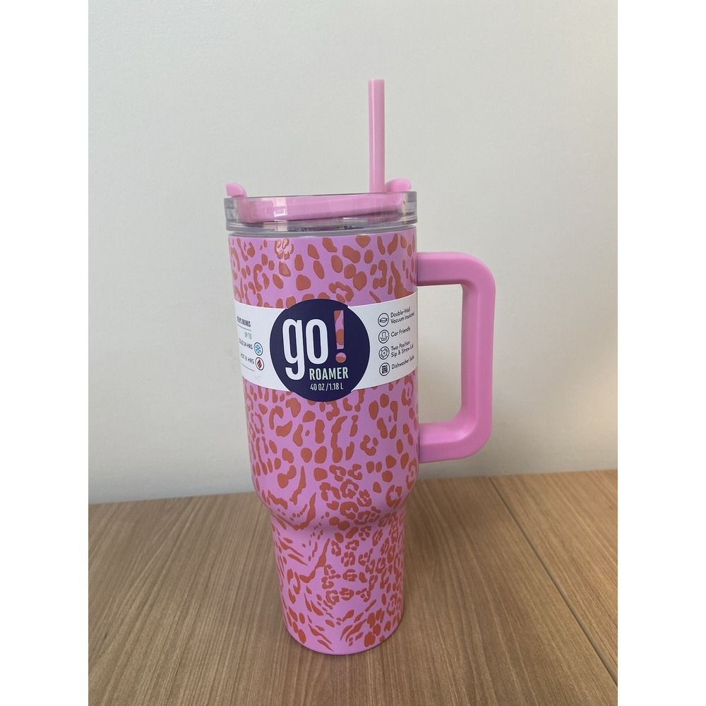 New NWT Go Roamer 40 OZ Tumbler Water Bottle Hot Pink Leopard‎ Animal Print